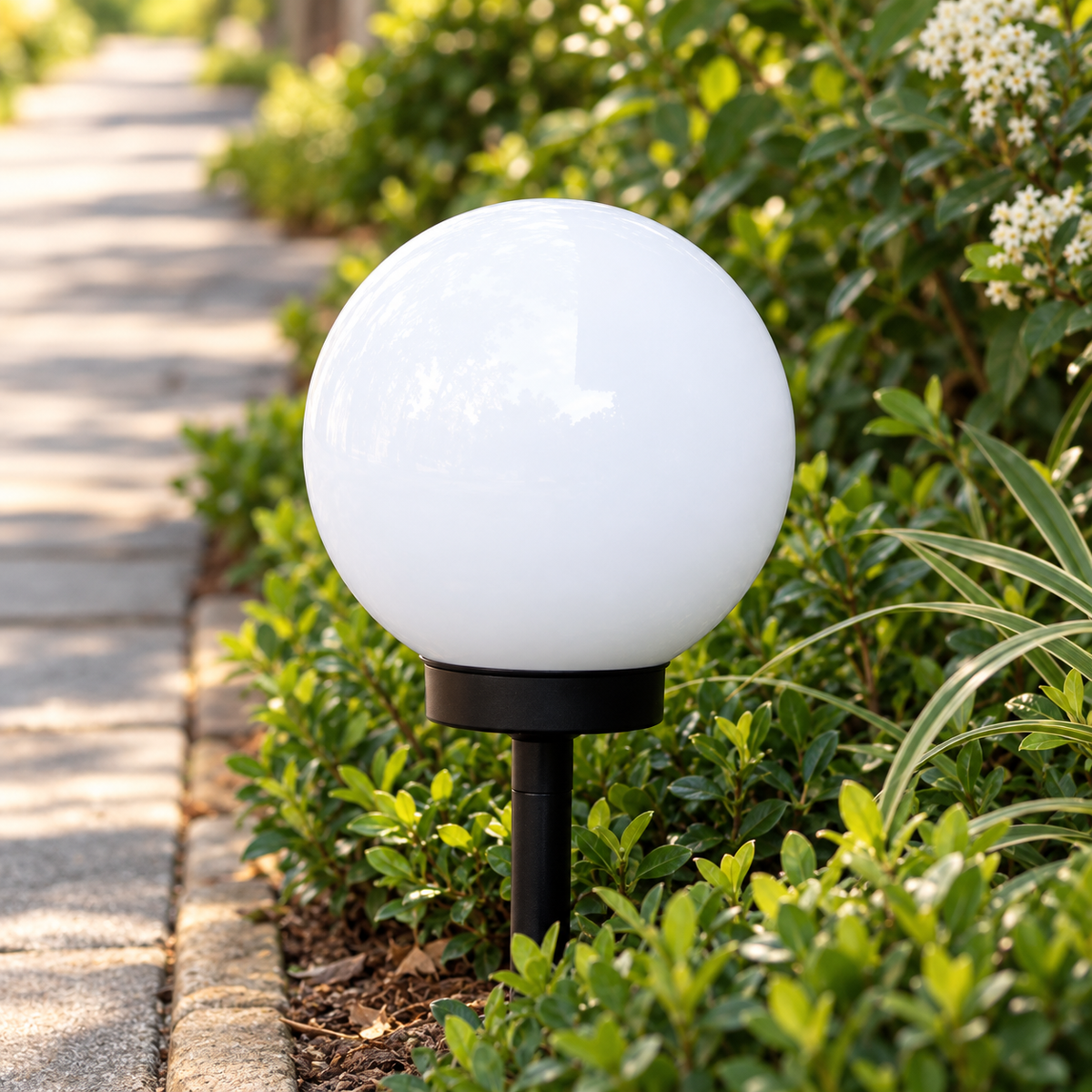 Close view of the Liv solar pathway lamp globe and black collar by a path