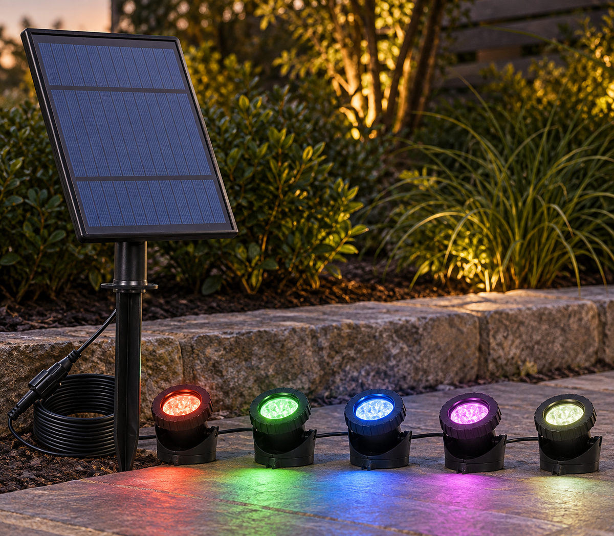 Runa five-light multicolour solar lawn light set installed along a contemporary garden path