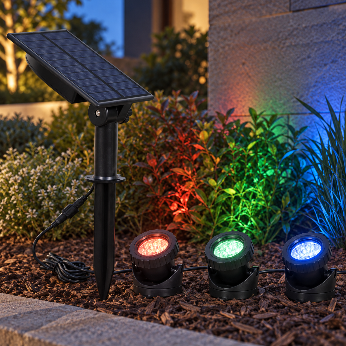 Runa three-light multicolour solar lawn light set illuminating a planted garden border