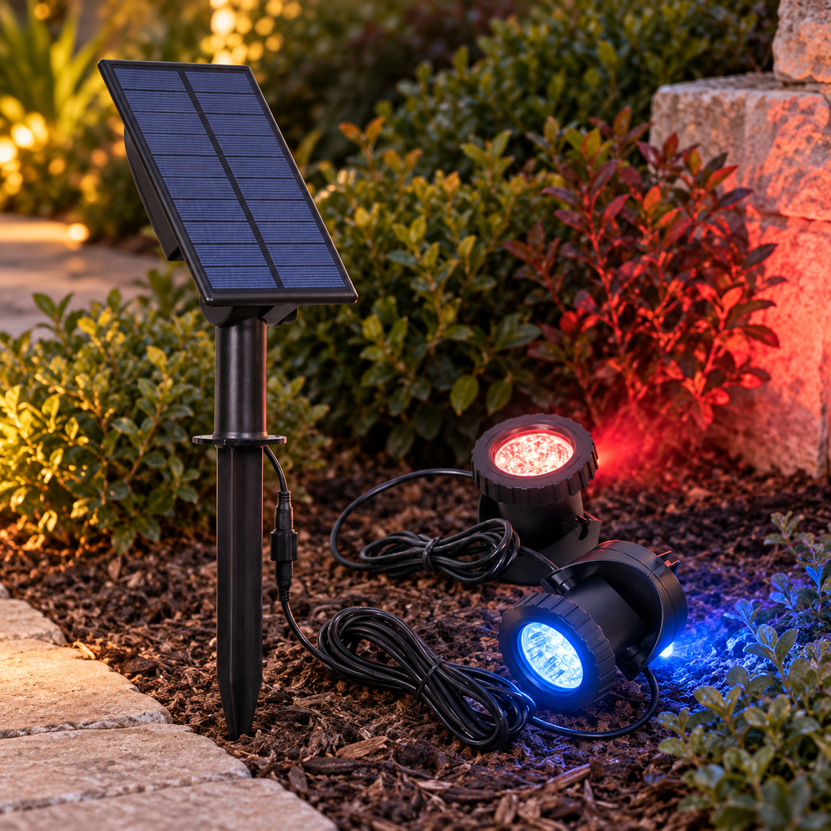 Runa two-light multicolour solar lawn light set beside a compact garden path