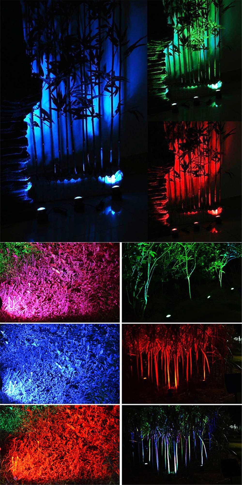 Runa solar lawn lights showing multiple LED colours across garden plants and walls