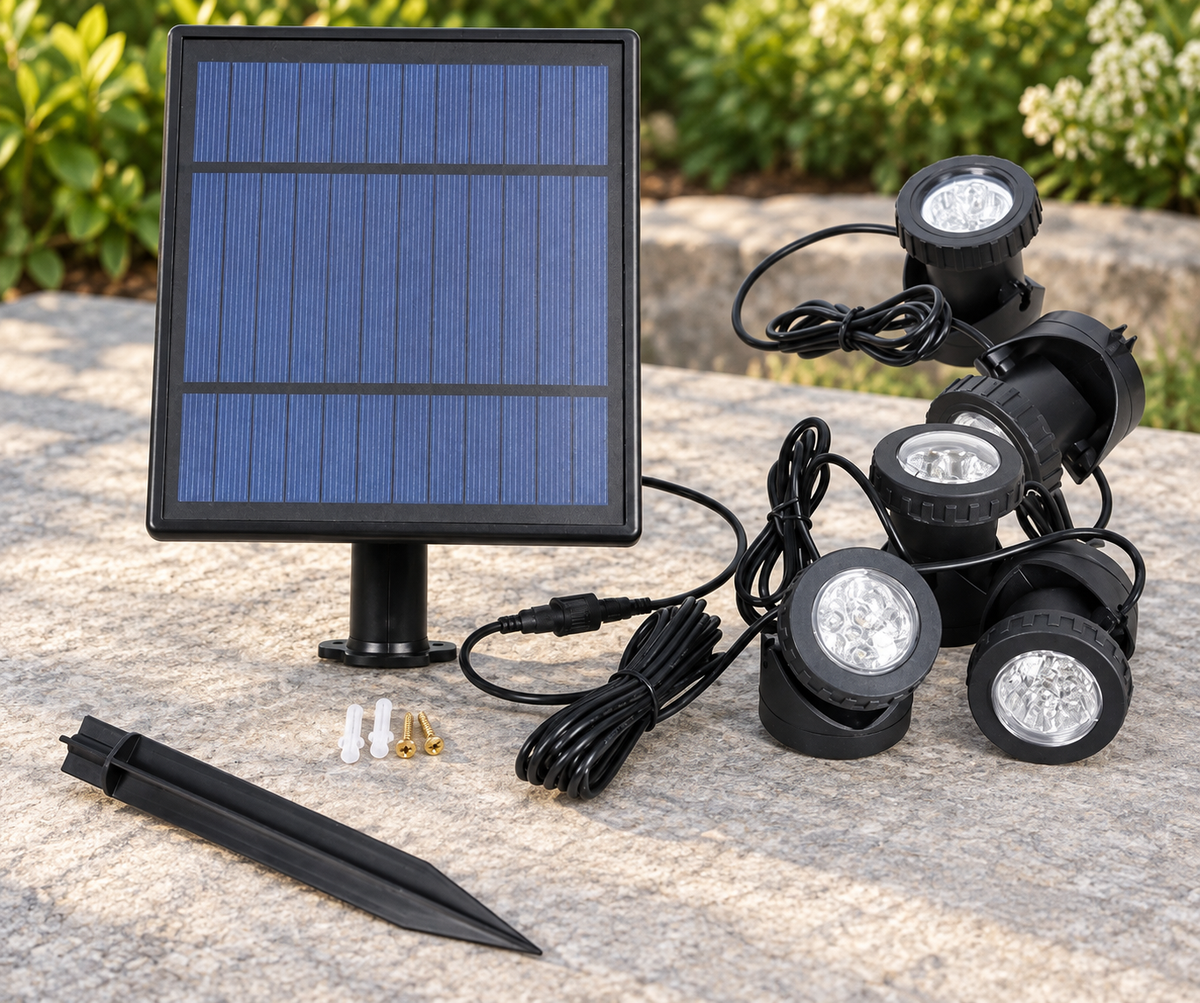 Runa five-light solar lawn light set with panel, stake, cables and mounting hardware
