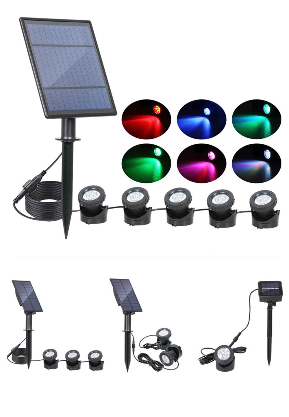 Runa three-light solar lawn light dimensions for panel, stake, spotlights and cable