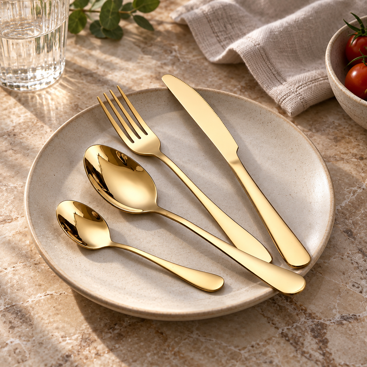 Tove gold stainless steel flatware set with four utensils on a neutral ceramic plate