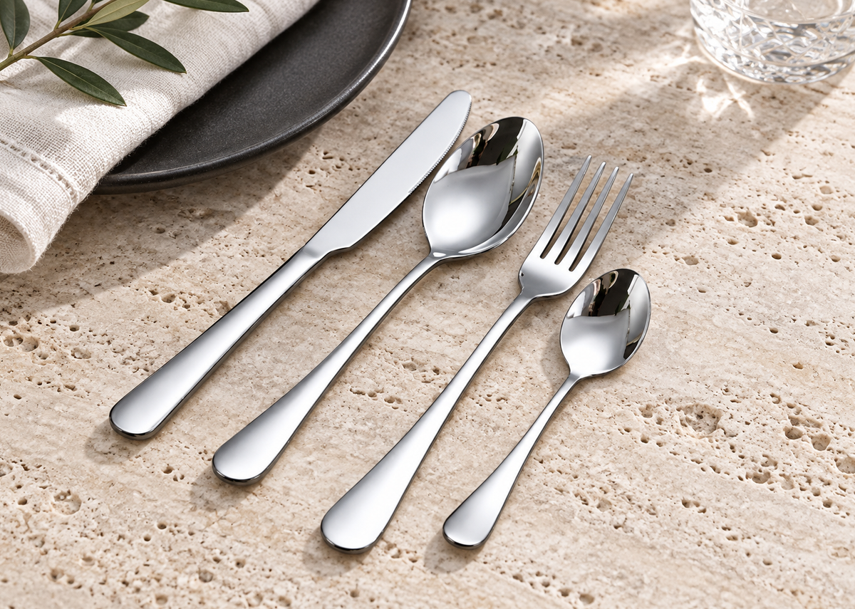Tove silver stainless steel flatware set styled on a light travertine dining table