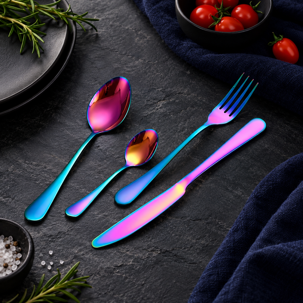Tove blue-purple iridescent stainless steel flatware set on dark slate