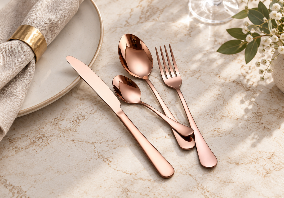 Tove rose gold stainless steel flatware set styled on a pale stone dining table