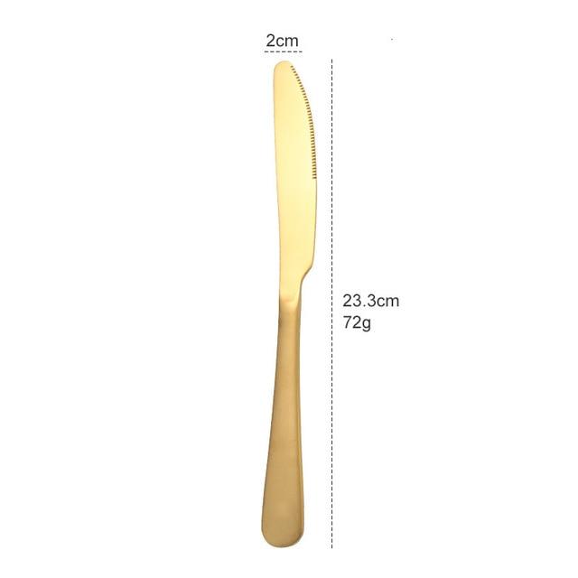 Tove gold stainless steel table knife dimensions: 23.3 cm long, 2 cm wide and 72 g