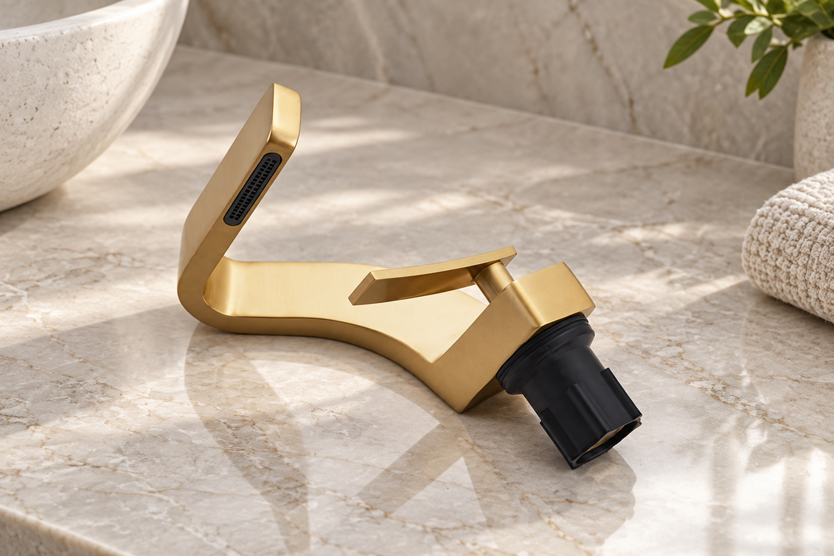 Maren gold basin mixer tap with black mounting cartridge on a marble vanity