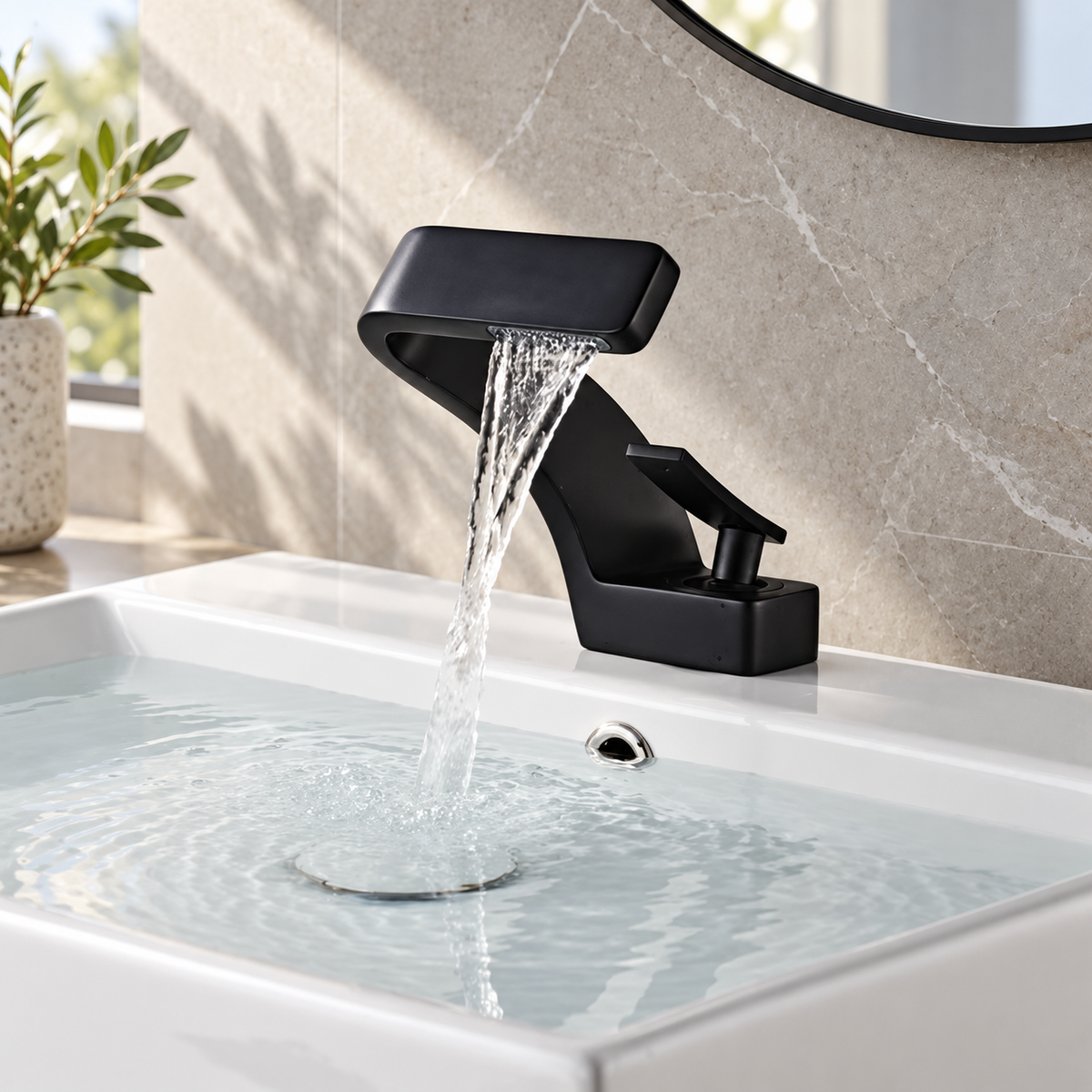 Maren black waterfall basin mixer tap running over a white bathroom sink