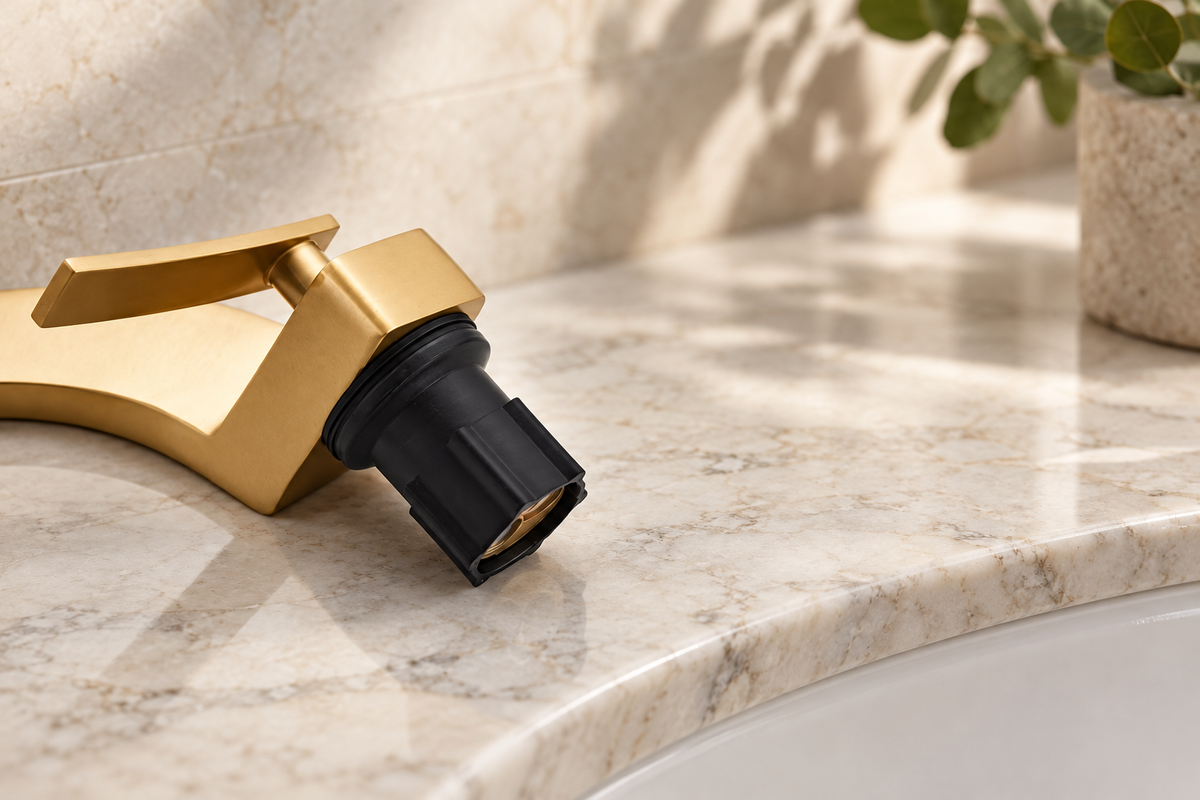 Maren gold basin mixer tap underside with black mounting cartridge detail
