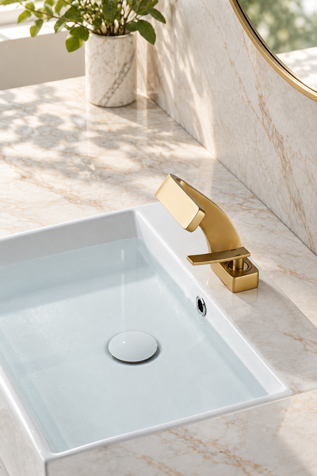 Maren gold basin mixer tap installed beside a white sink from above