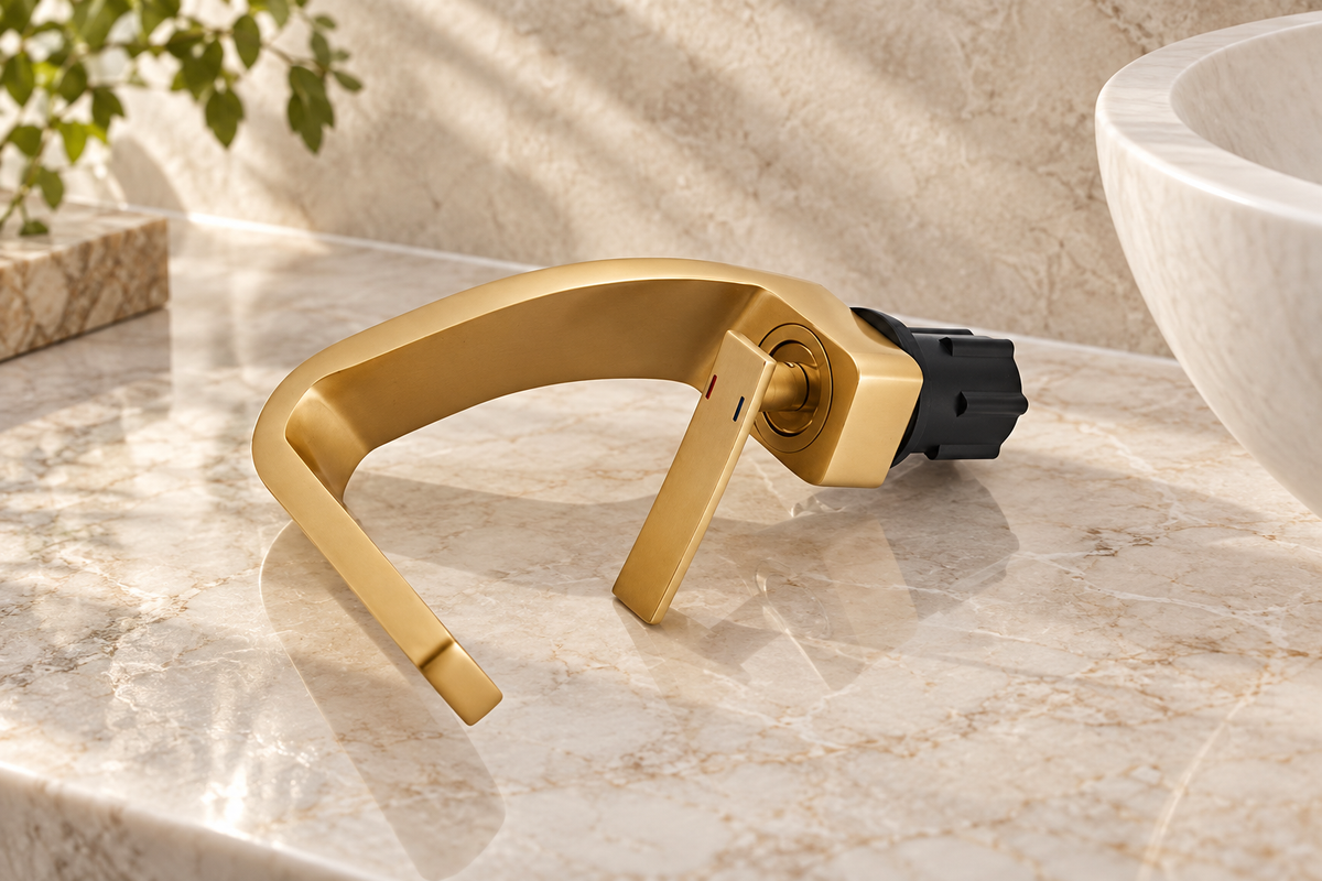 Maren gold basin mixer tap rear and lever detail on a marble vanity