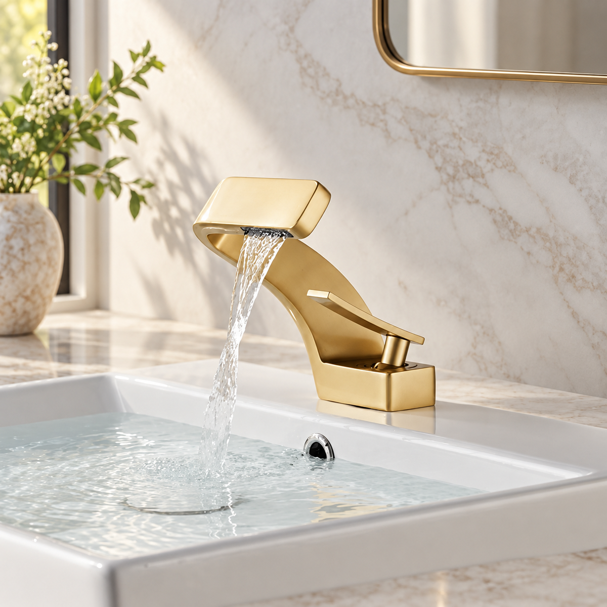 Maren gold waterfall basin mixer tap running into a white bathroom sink