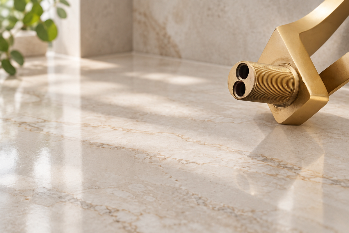 Maren gold basin mixer tap threaded hot and cold inlet detail