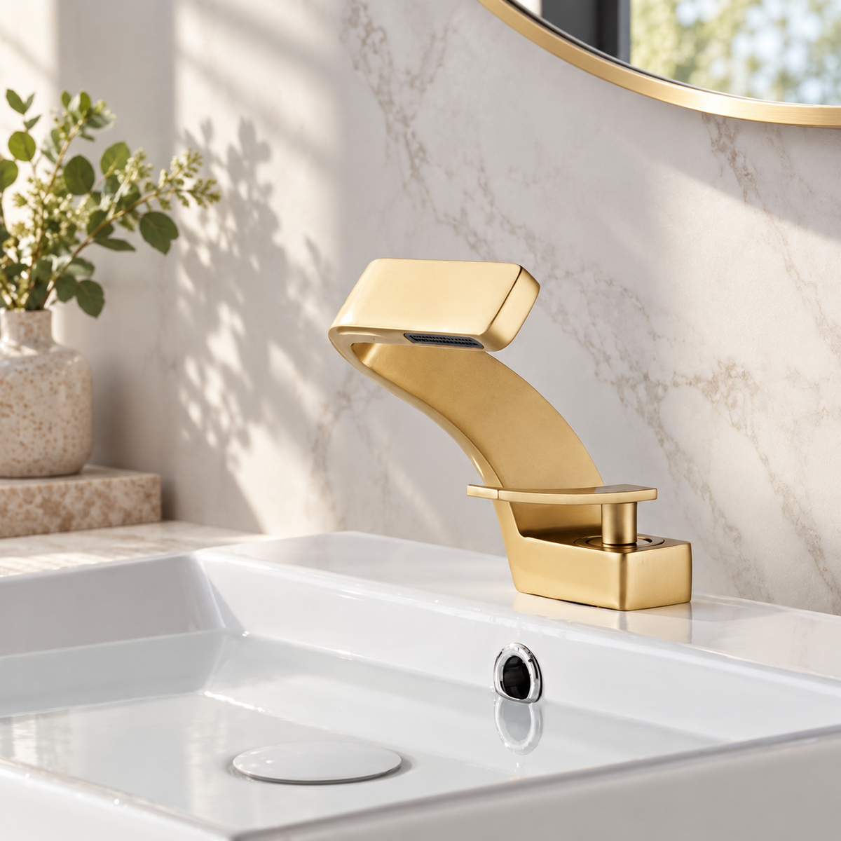 Maren gold waterfall basin mixer tap installed on a white bathroom sink