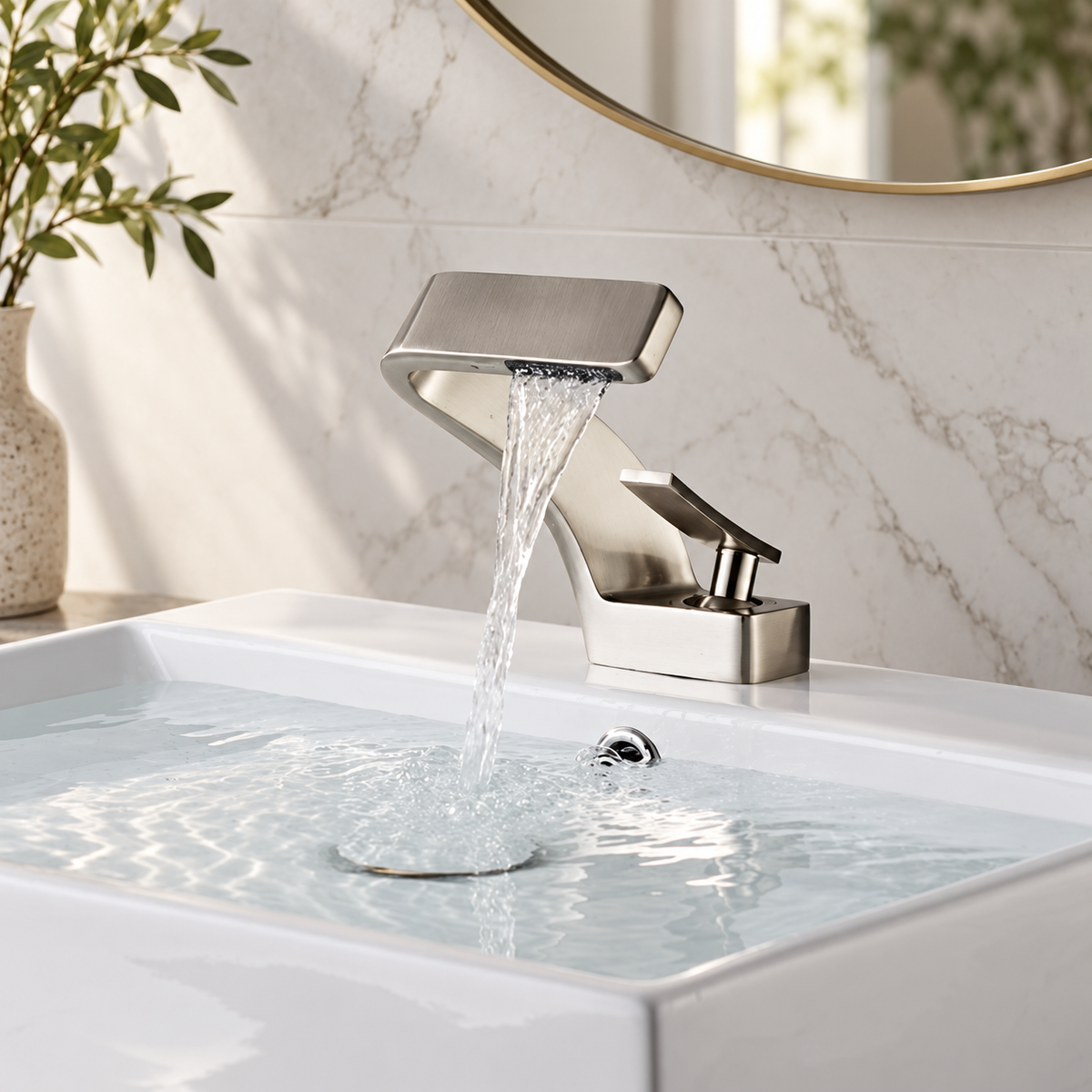 Maren brushed nickel waterfall basin mixer tap running over a white sink