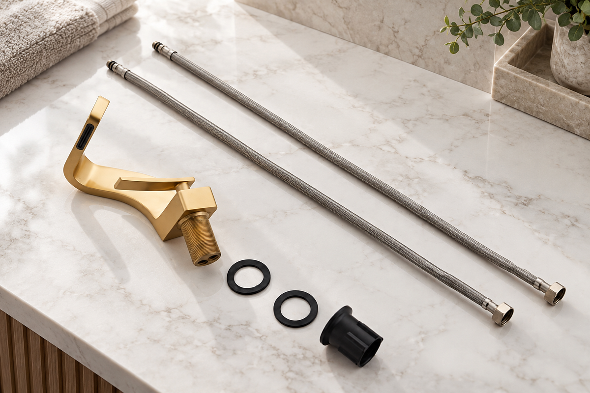 Maren gold basin mixer tap installation kit with two hoses, seals and mounting fitting