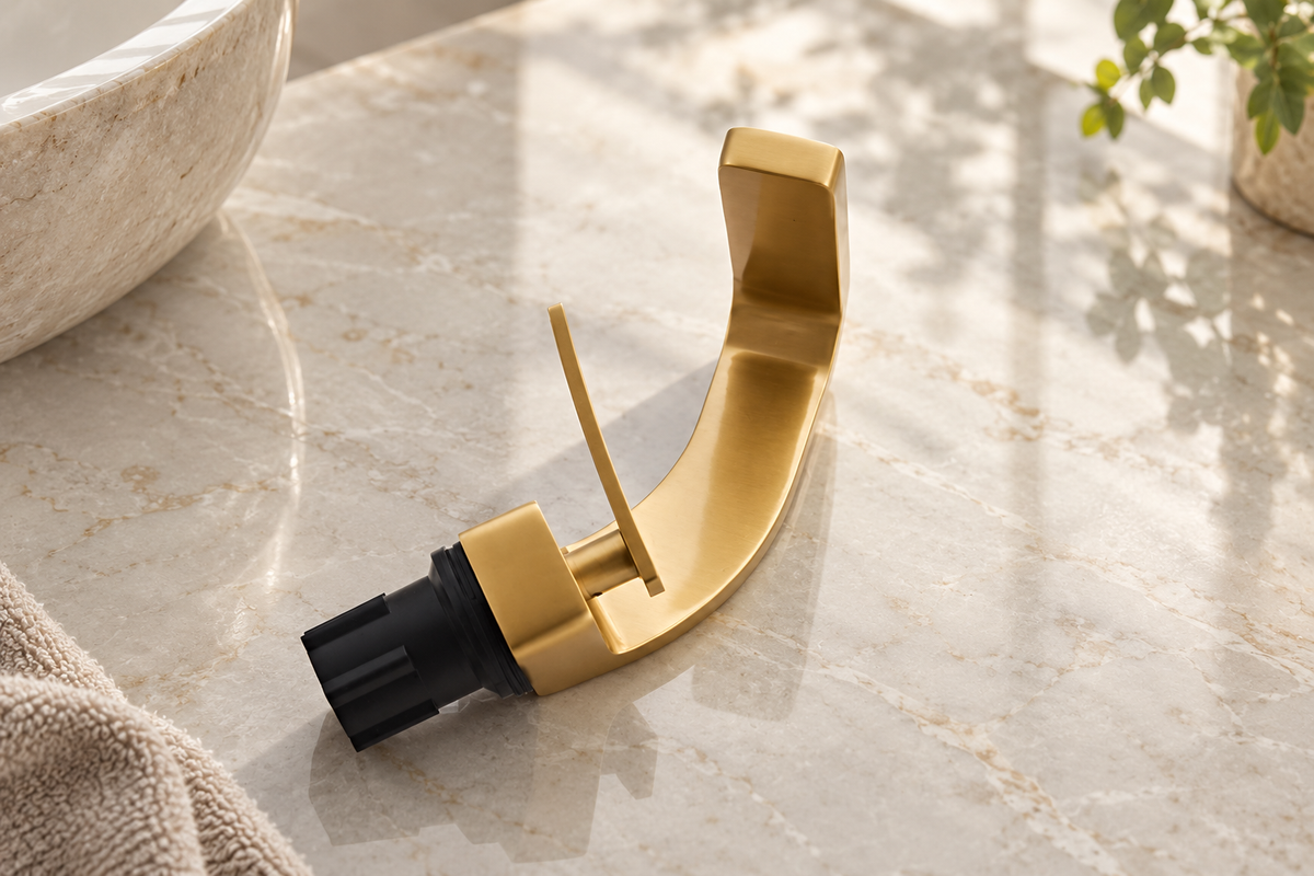 Maren gold basin mixer tap side profile with black mounting cartridge
