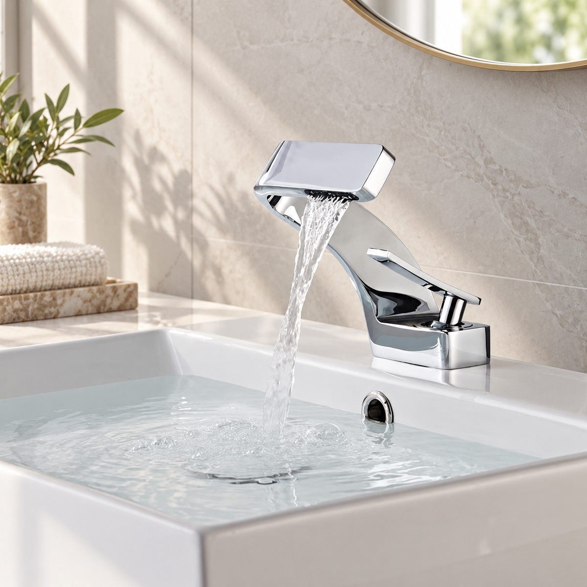 Maren chrome waterfall basin mixer tap running over a white bathroom sink