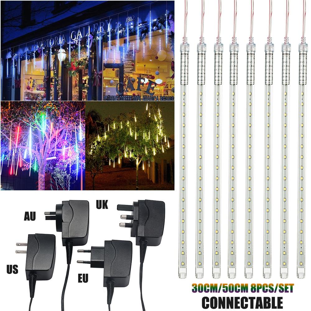 Eight connectable LED icicle tubes with US, EU, AU and UK plug options
