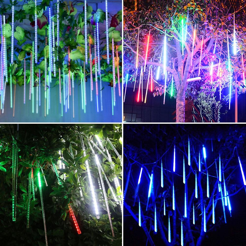 LED icicle tube lights shown in four colorful outdoor displays