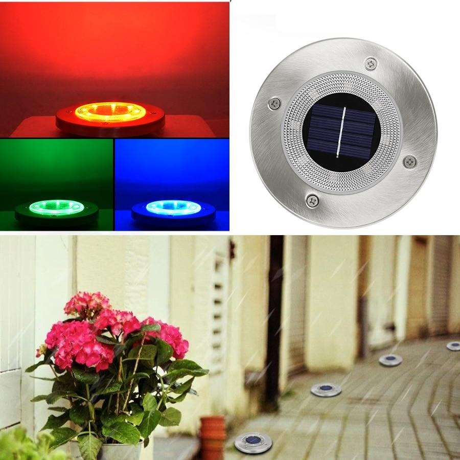 Elin multicolour aluminium solar path lights showing red, green and blue illumination