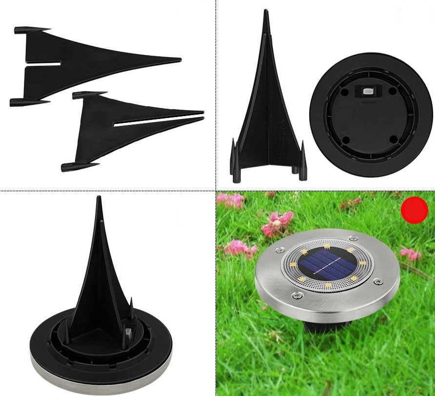 Elin aluminium solar path light components, underside and ground-stake installation