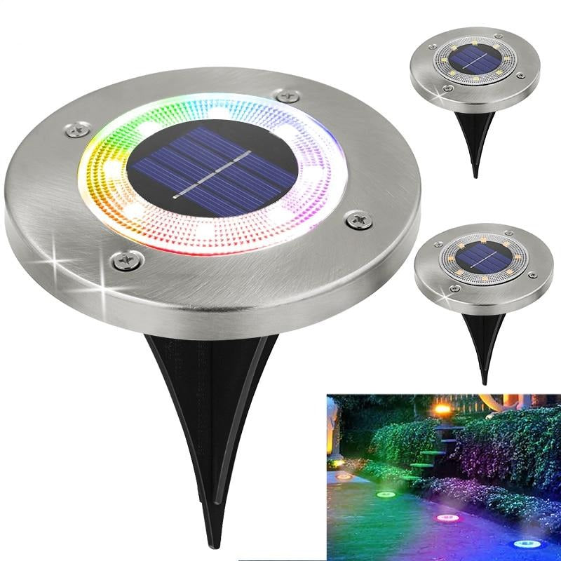 Elin aluminium solar path lights with multicolour glow and brushed silver tops
