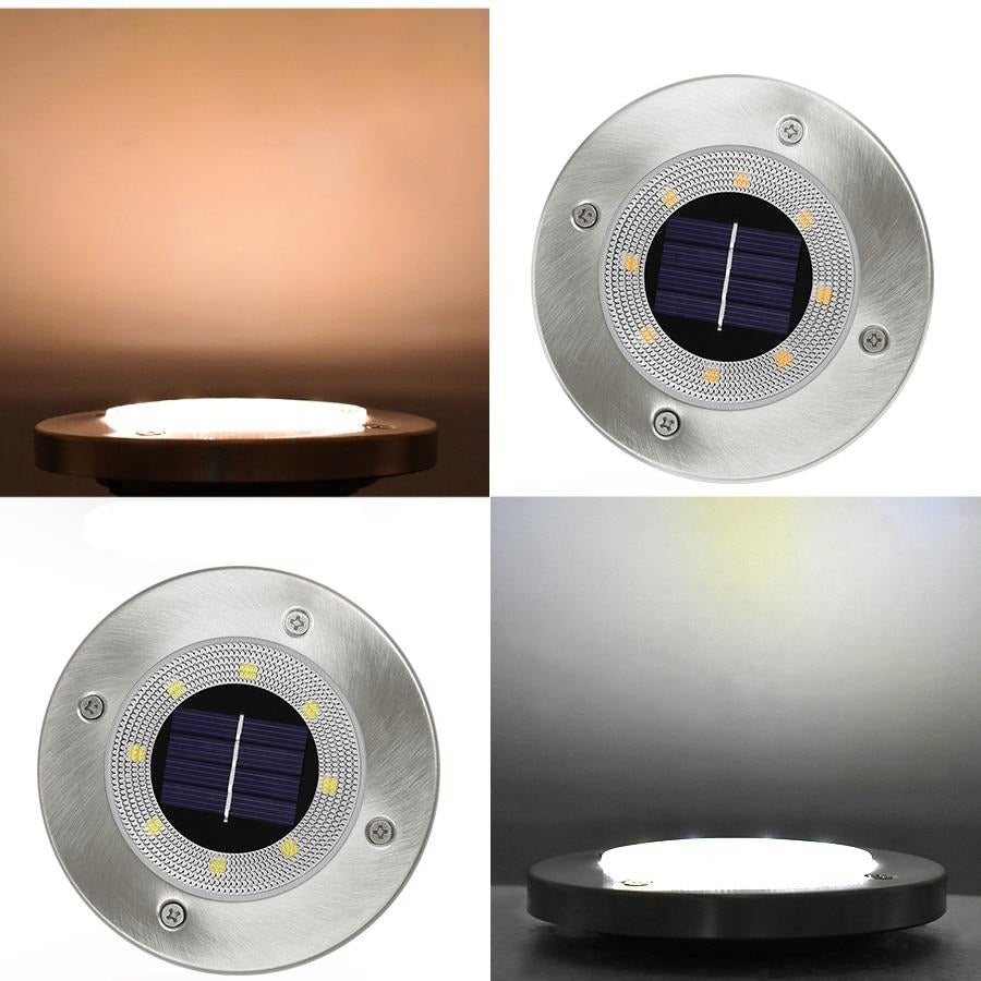 Elin aluminium solar path light detail showing warm white LEDs and solar panel