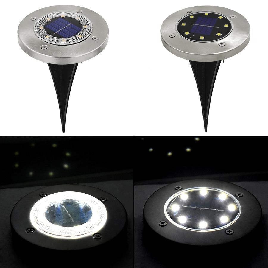 Elin aluminium solar path light showing two top designs and bright white illumination