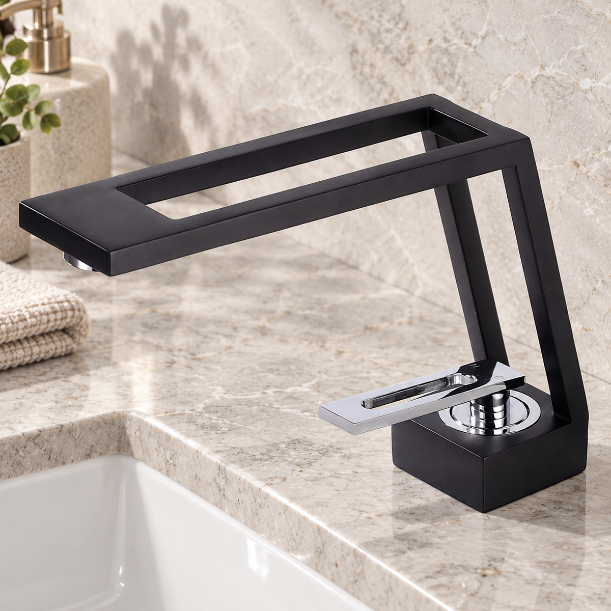 Black Chrome cut-out basin tap on a light stone vanity