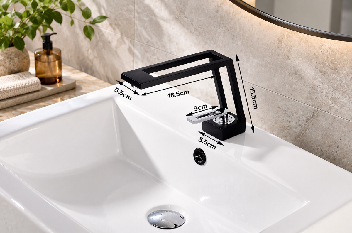 Black cut-out basin tap with exact width, height, spout and lever measurements