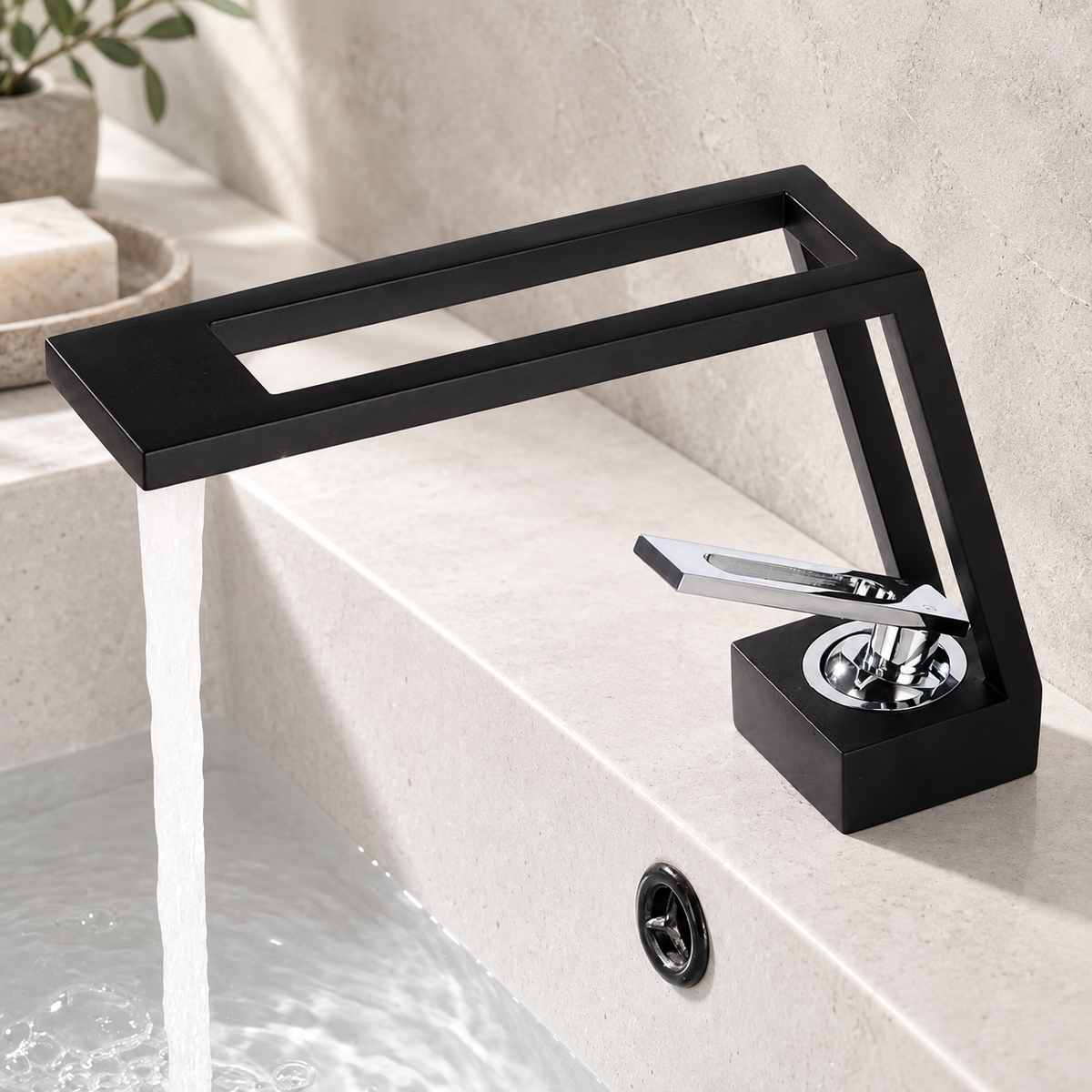 Black cut-out basin tap installed on a white basin with water flowing