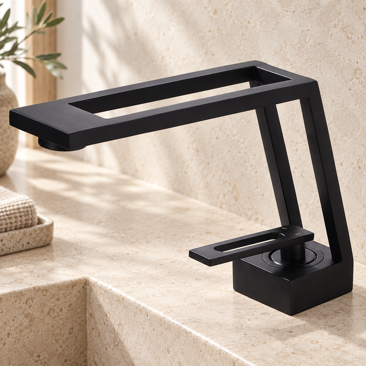 Black cut-out basin tap on a warm limestone vanity