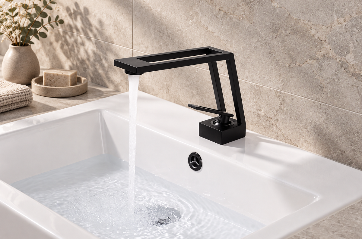 Black cut-out basin tap installed in a warm stone bathroom