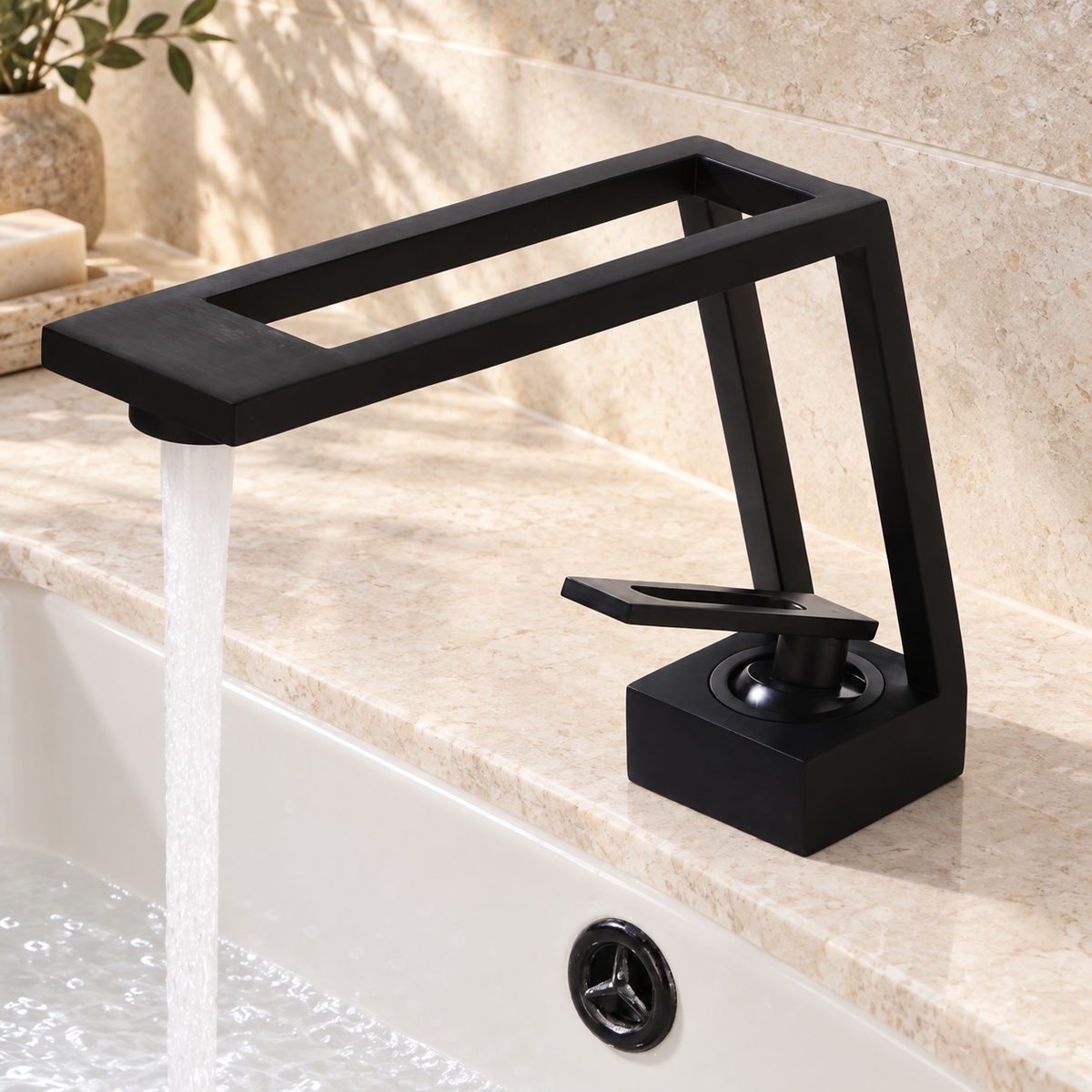 Black cut-out basin tap running water over a white ceramic basin