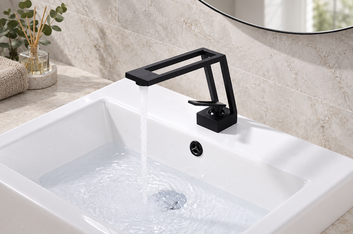 Black cut-out basin tap running water into a square white basin