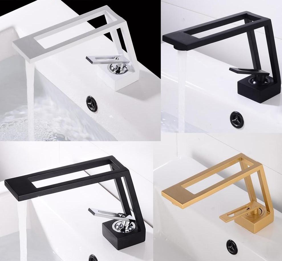 Cut-out basin tap shown in White, Black, Black Chrome and Gold finishes on a white basin