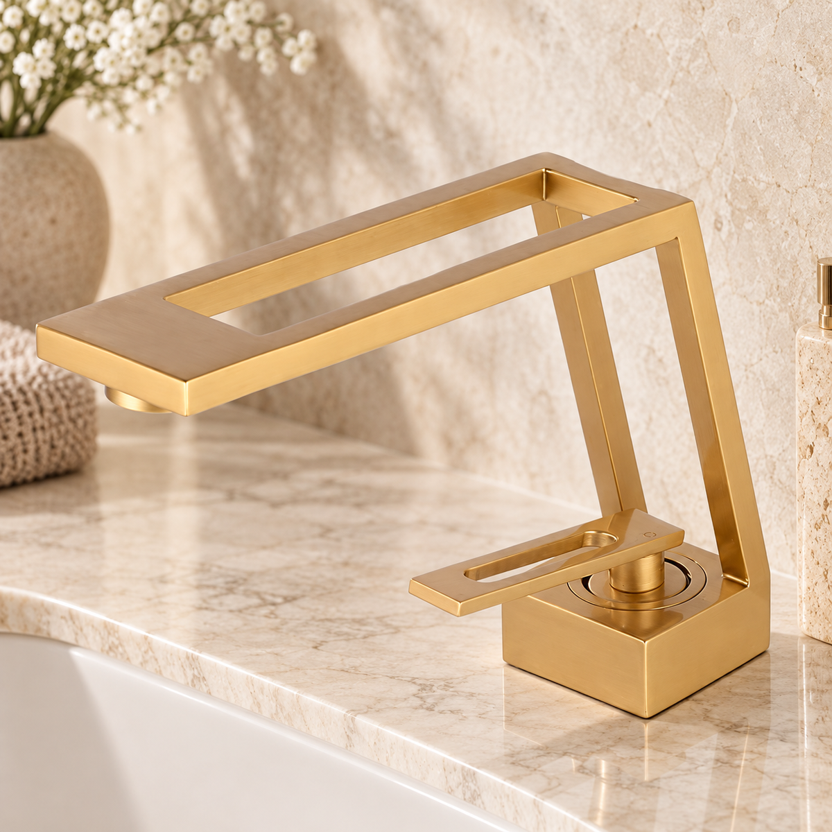 Gold cut-out basin tap on a warm ivory stone vanity