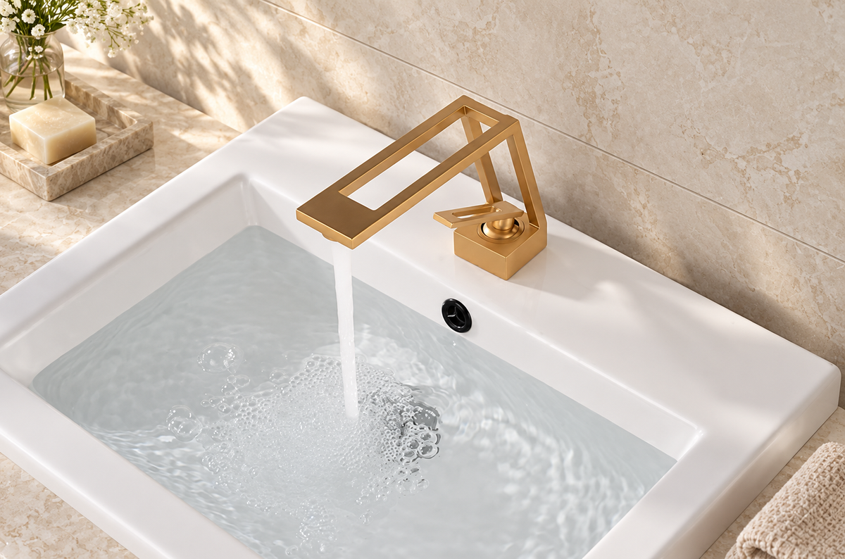 Gold cut-out basin tap installed in a warm stone bathroom