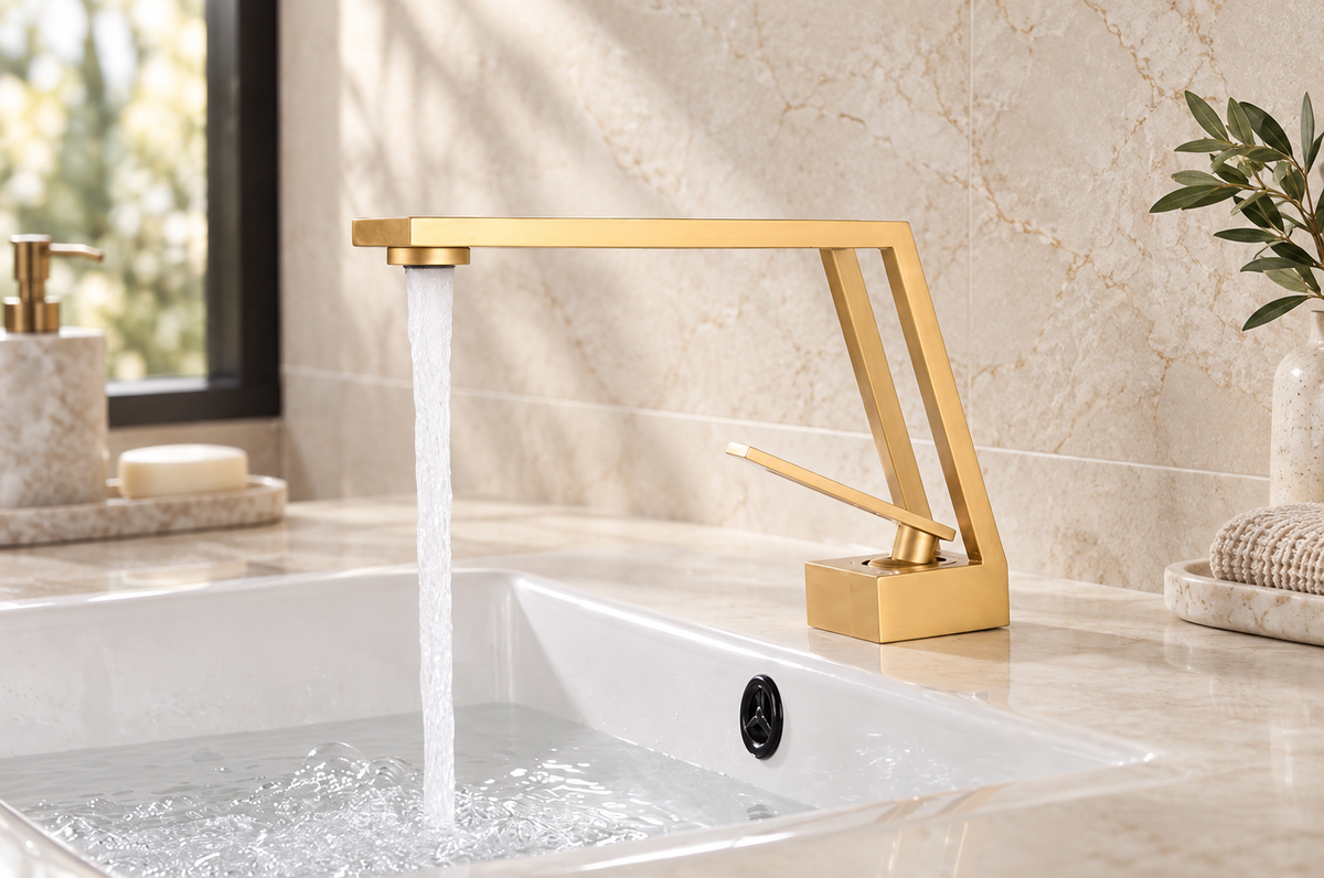 Gold cut-out basin tap in side profile with water flowing