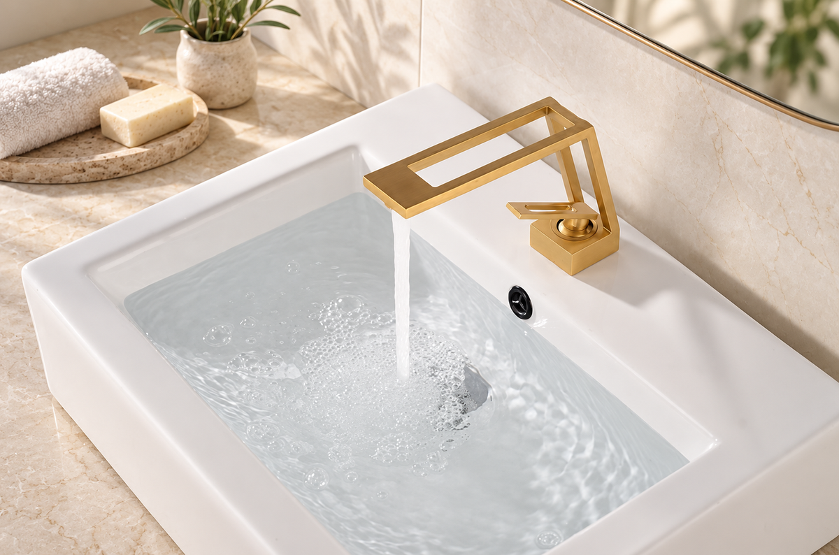 Gold cut-out basin tap running water into a white ceramic basin