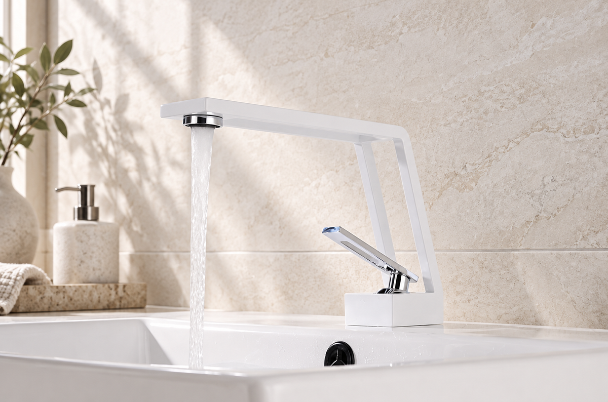 White cut-out basin tap in side profile with water flowing