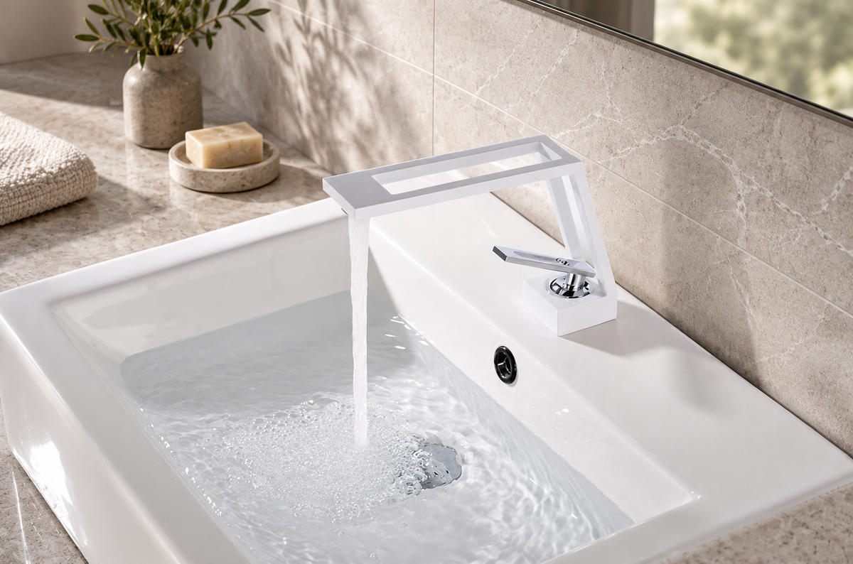 White cut-out basin tap running water in a softly lit stone bathroom