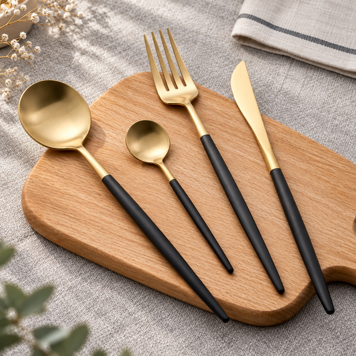Astrid gold and black four-piece flatware set on a pale wood board