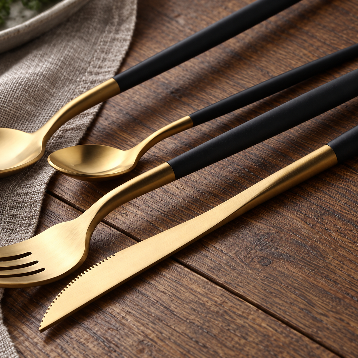 Astrid gold and black flatware close-up showing tapered handles and brushed finish