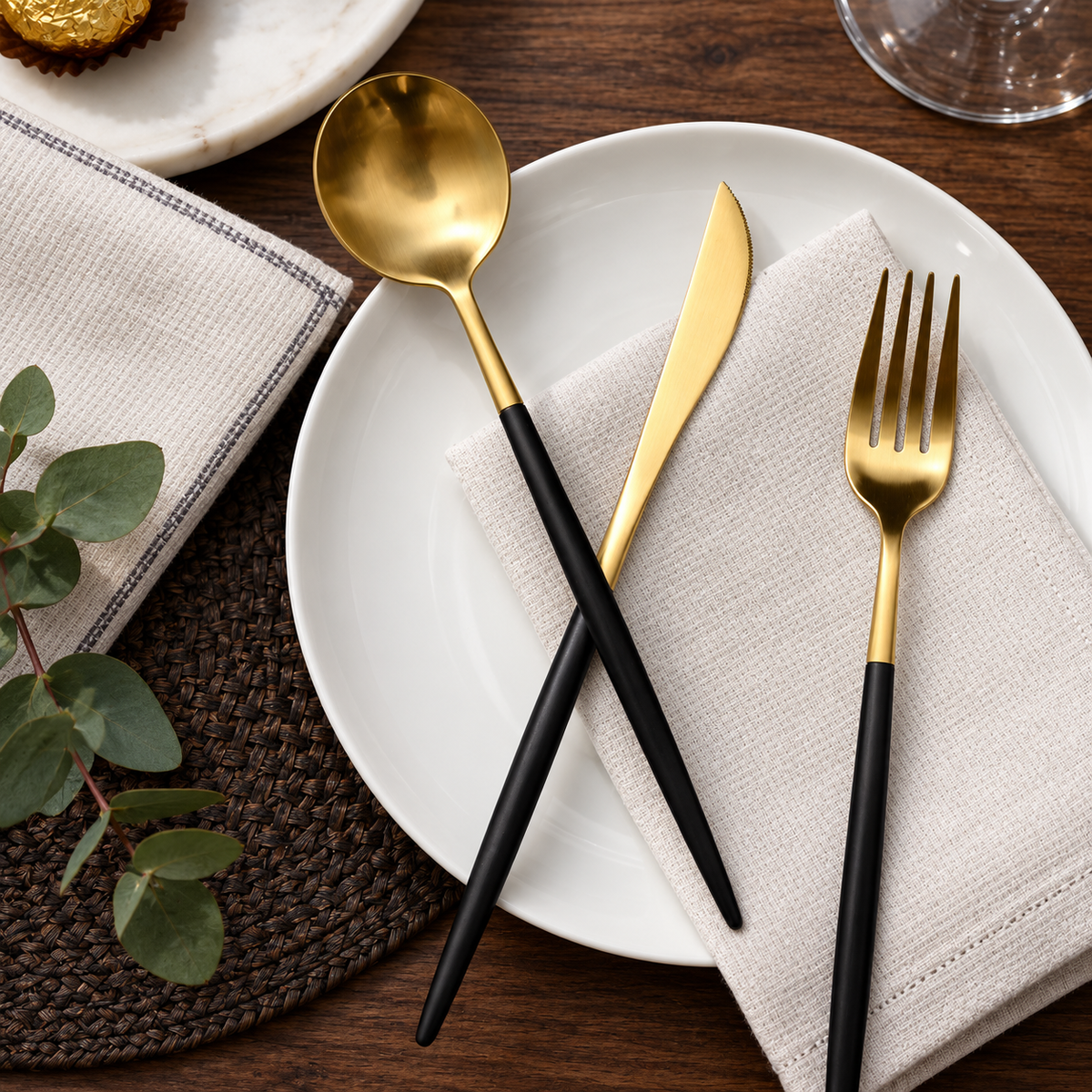Astrid gold and black knife, fork and spoon at a modern place setting