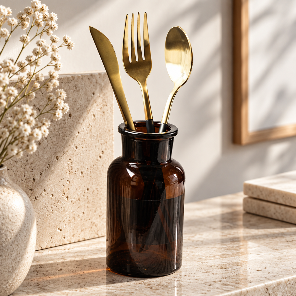 Astrid gold and black knife, fork and spoon displayed upright in smoked glass