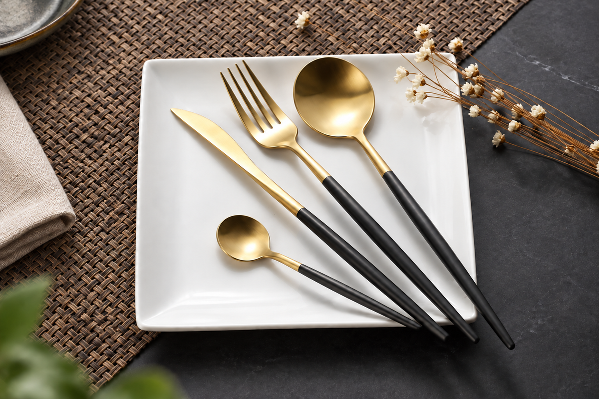 Astrid gold and black four-piece flatware set on a white rectangular plate